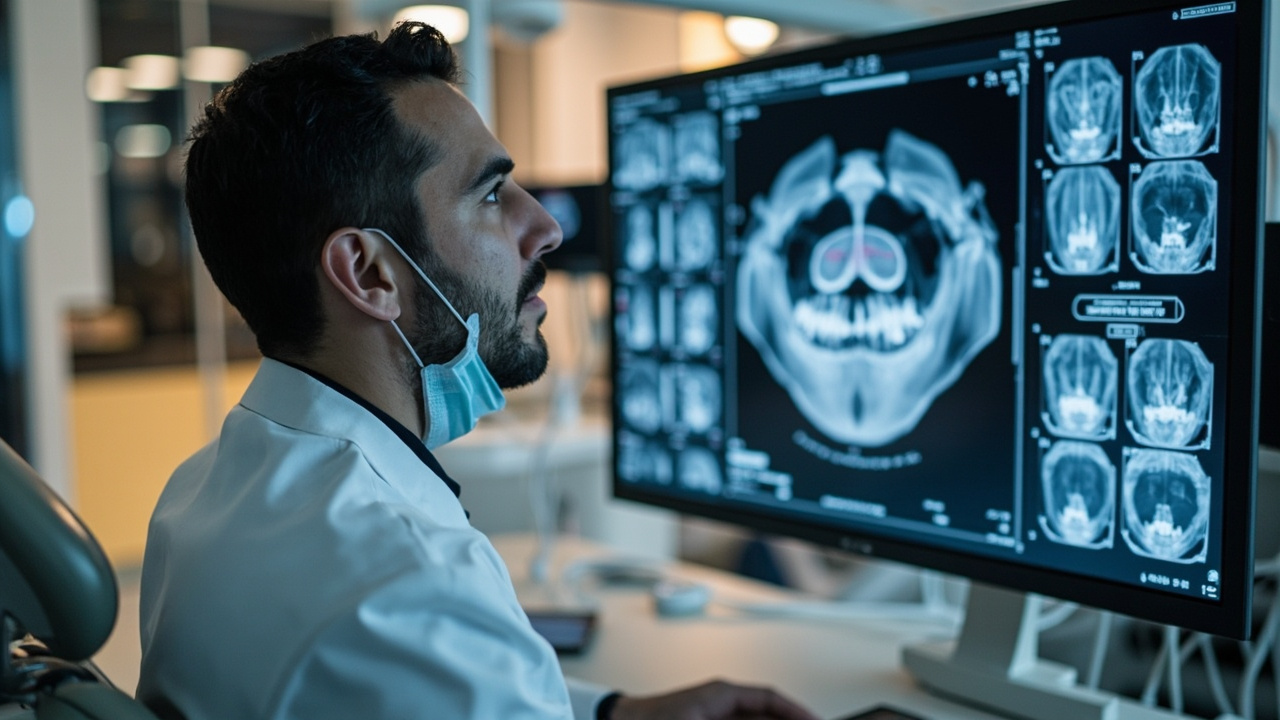 Dentist reviewing AI-analyzed dental radiograph