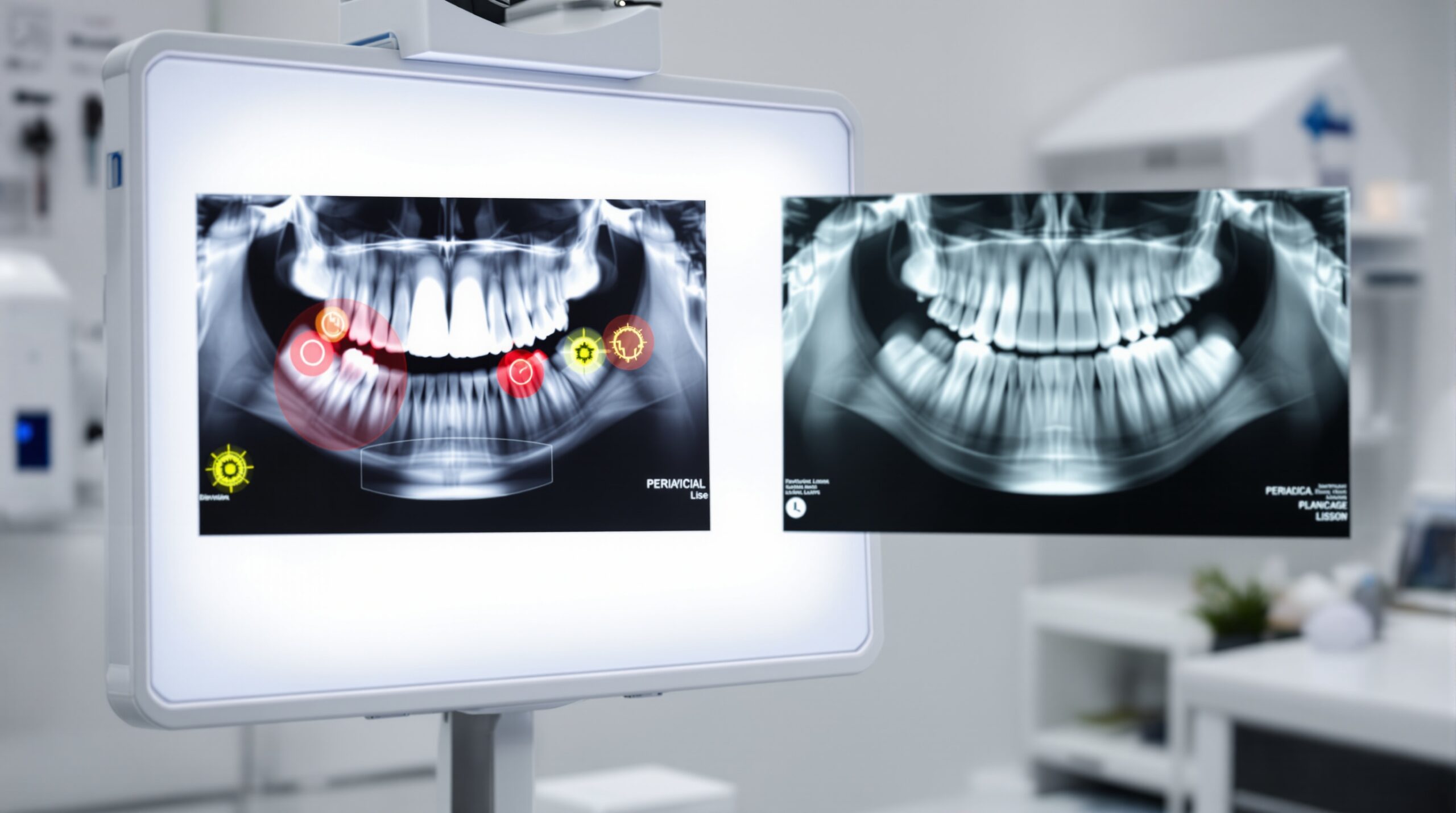 AI-enhanced radiographic analysis showing bitewing and periapical x-rays with diagnostic overlays