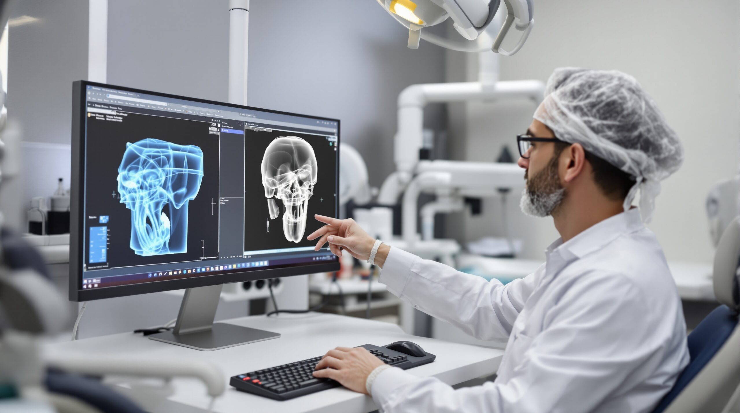 Dental professional examining AI-enhanced CBCT images