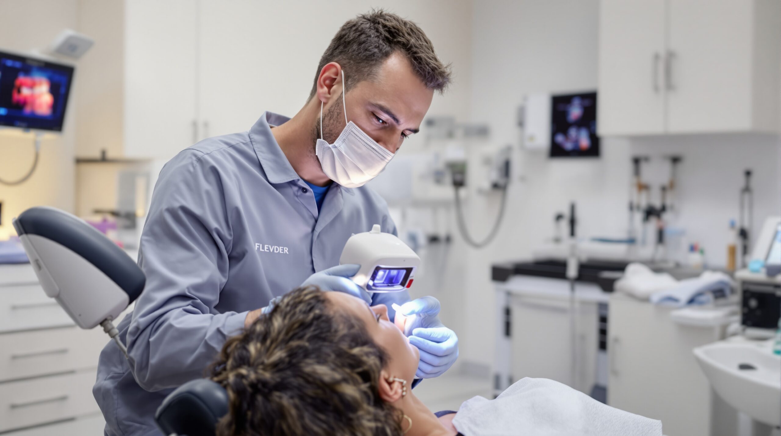 Dental professional using NIR transillumination technology for patient examination