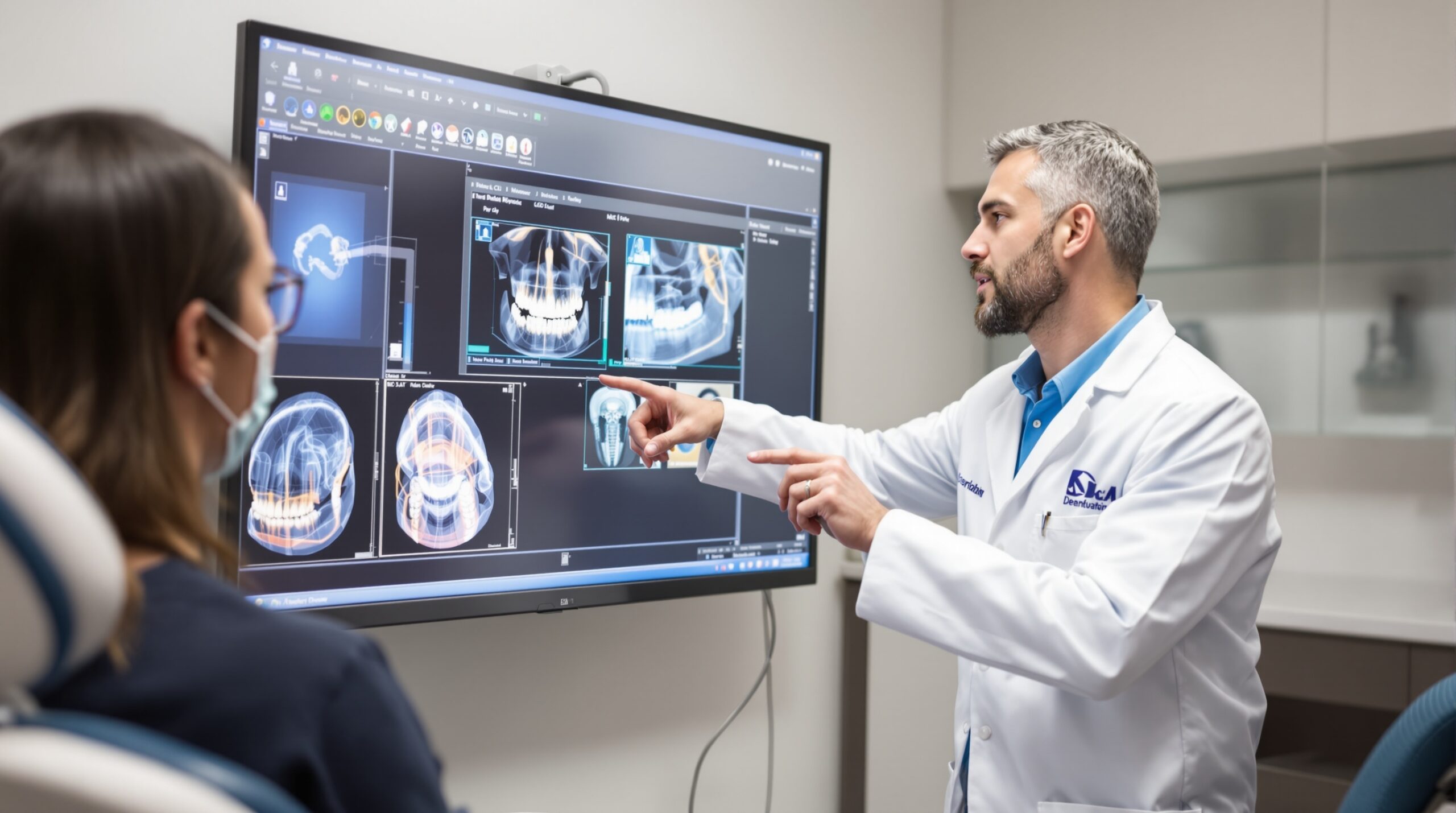 Dental professional analyzing CBCT scan results with patient