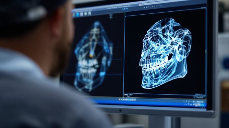 3D CBCT scan visualization showing detailed jaw structure on computer monitor
