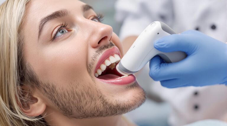 Dental professional using intraoral scanner for digital impression capture