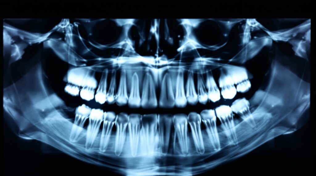 High-quality panoramic radiograph displaying complete dental arches