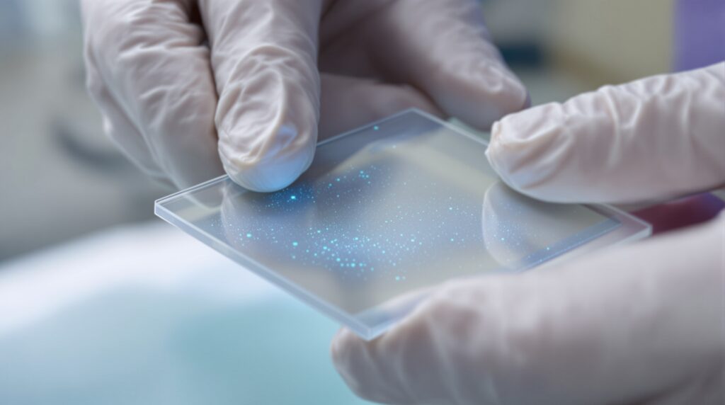 Close-up view of a photostimulable phosphor plate showing the blue phosphor coating