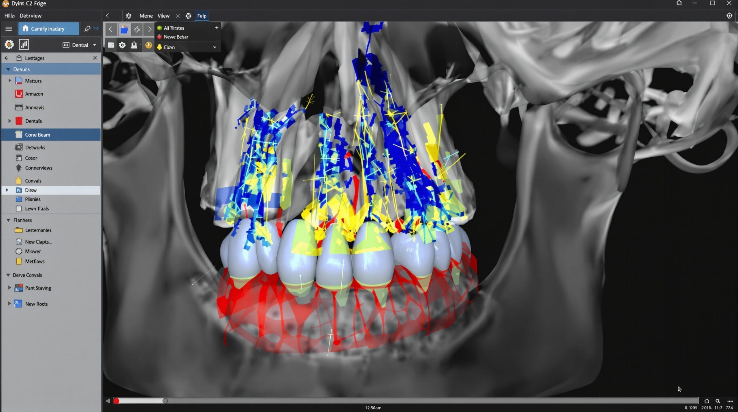 3D dental cone beam CT scan with AI-powered anatomical segmentation showing highlighted structures