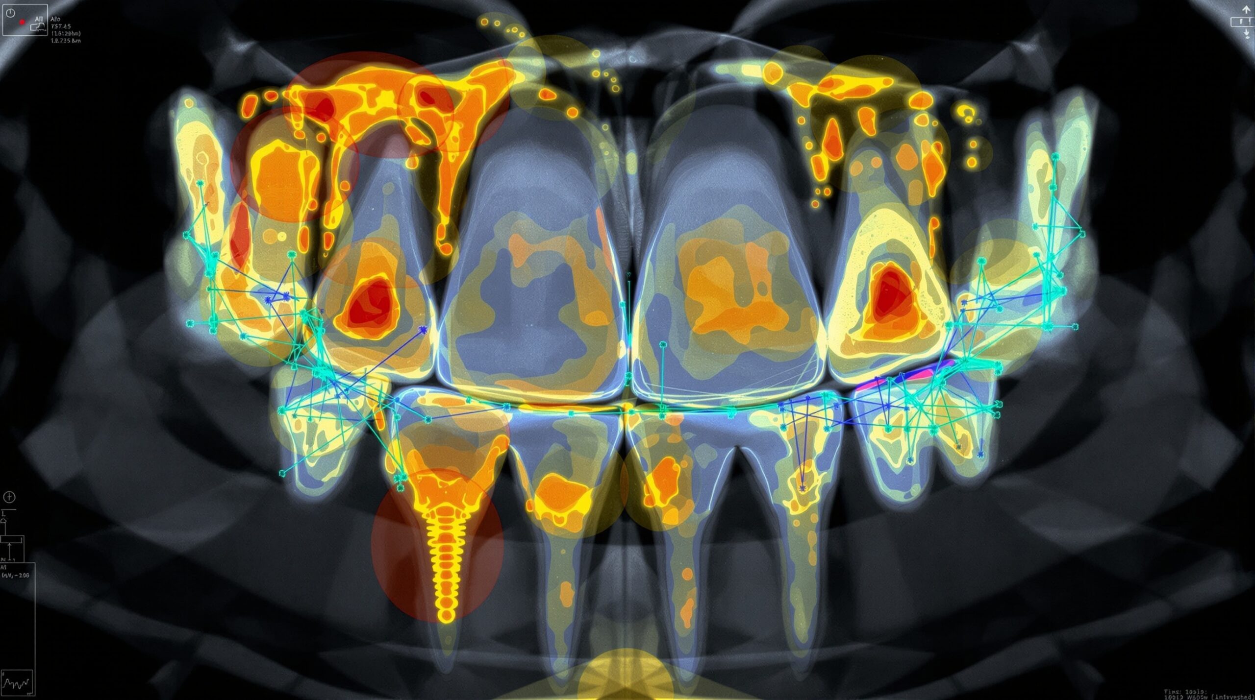 AI-powered periodontal assessment showing automated measurements and diagnostic analysis