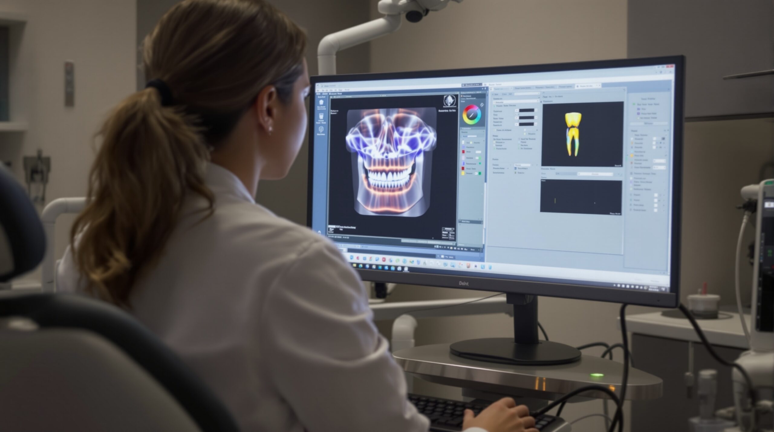Professional dentist reviewing CBCT optimization settings