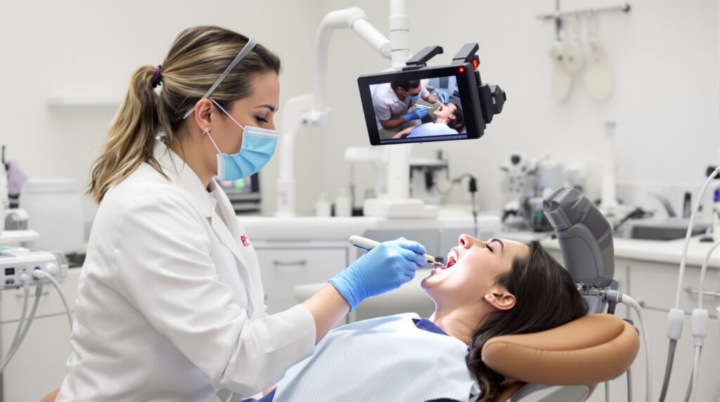 Professional dental photographer demonstrating twin-point flash technique