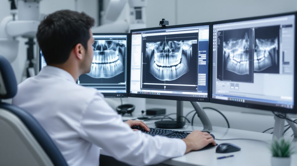 Professional dental radiologist analyzing digital subtraction radiography results on computer monitors