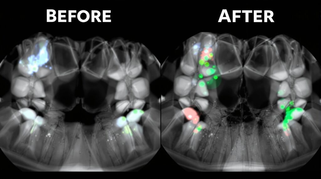 Comparison of standard radiography versus digital subtraction radiography showing enhanced change detection