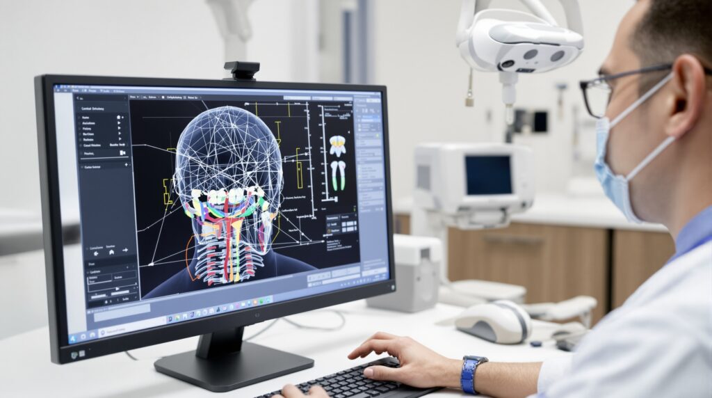 Orthodontist analyzing cephalometric measurements on computer screen with digital analysis software