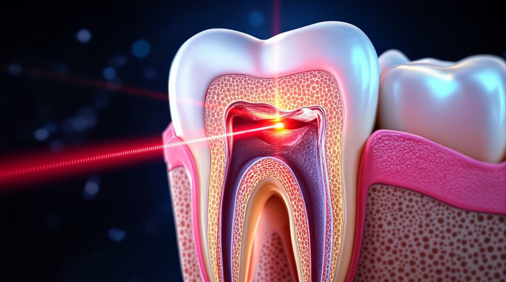 Tooth cross-section showing laser fluorescence caries detection mechanism