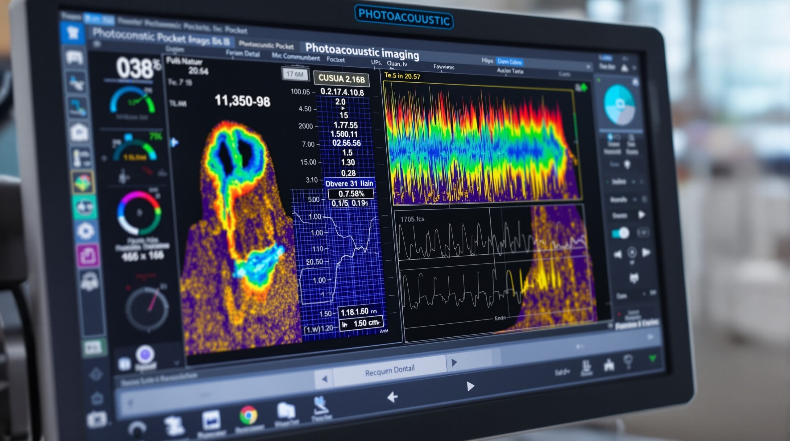 Photoacoustic imaging display showing periodontal measurement data and tissue visualization