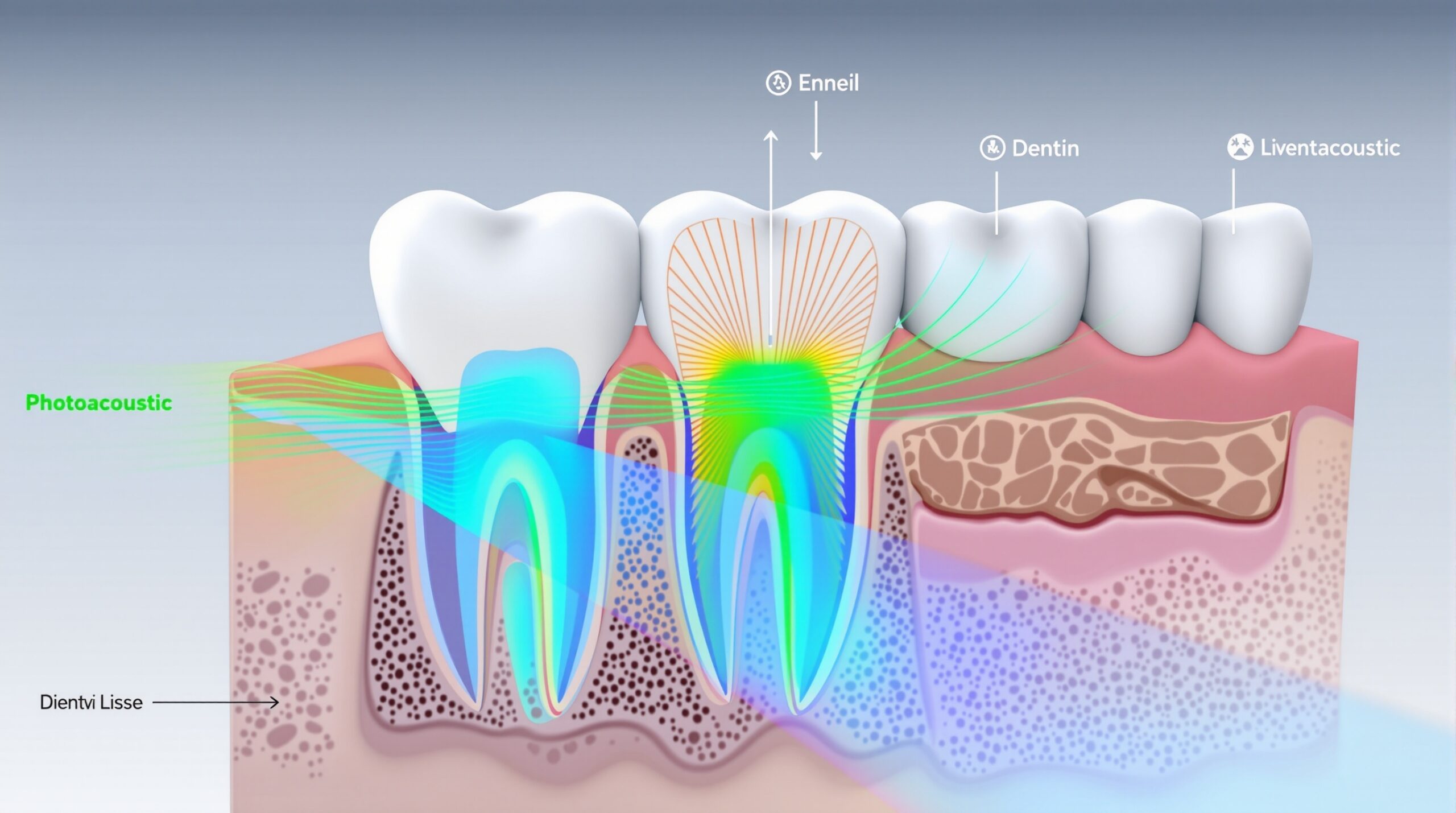 Cross-sectional illustration showing photoacoustic wave propagation through dental tissues