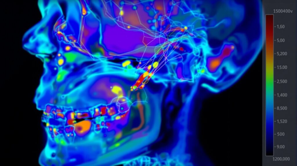 TMJ anatomy with elastography color mapping showing muscle stiffness analysis