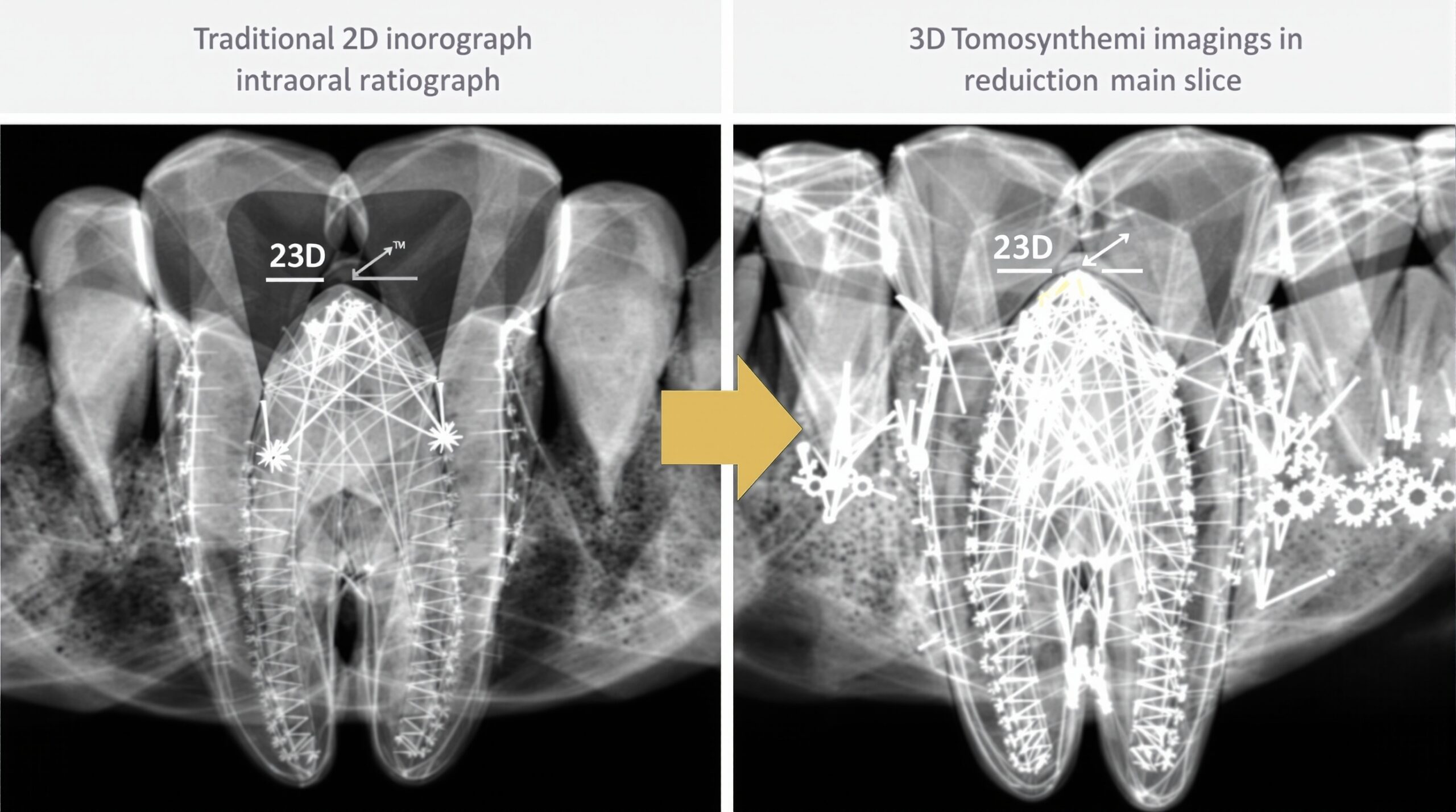 Comparison visualization showing traditional 2D radiograph versus 3D tomosynthesis slices