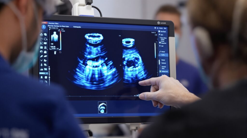 Professional dental ultrasound examination procedure with elastography display