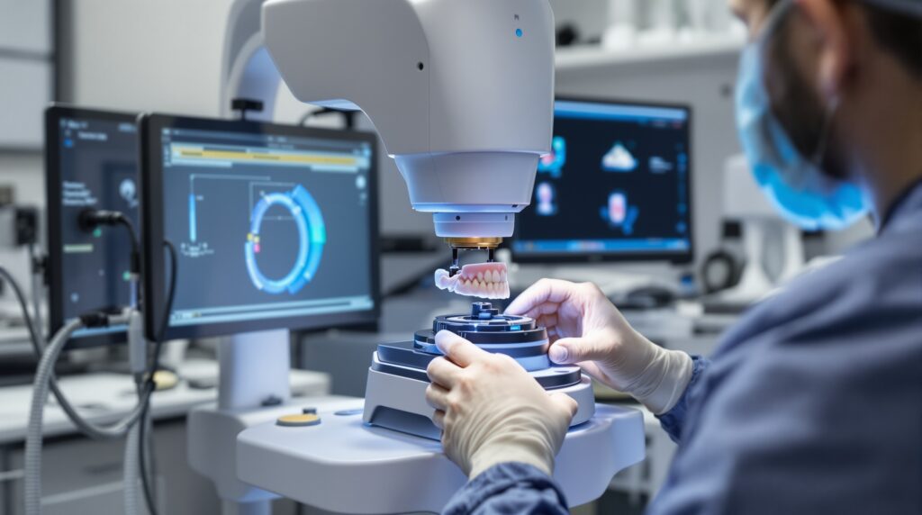 Dental technician performing automated calibration procedure