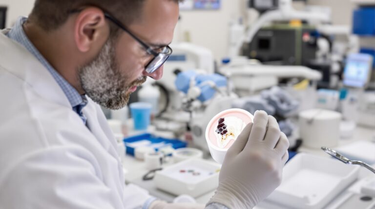 Dental researcher analyzing enamel samples using polarized light microscopy