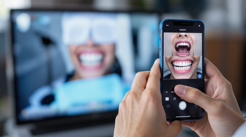 Patient using smartphone for self-guided dental imaging