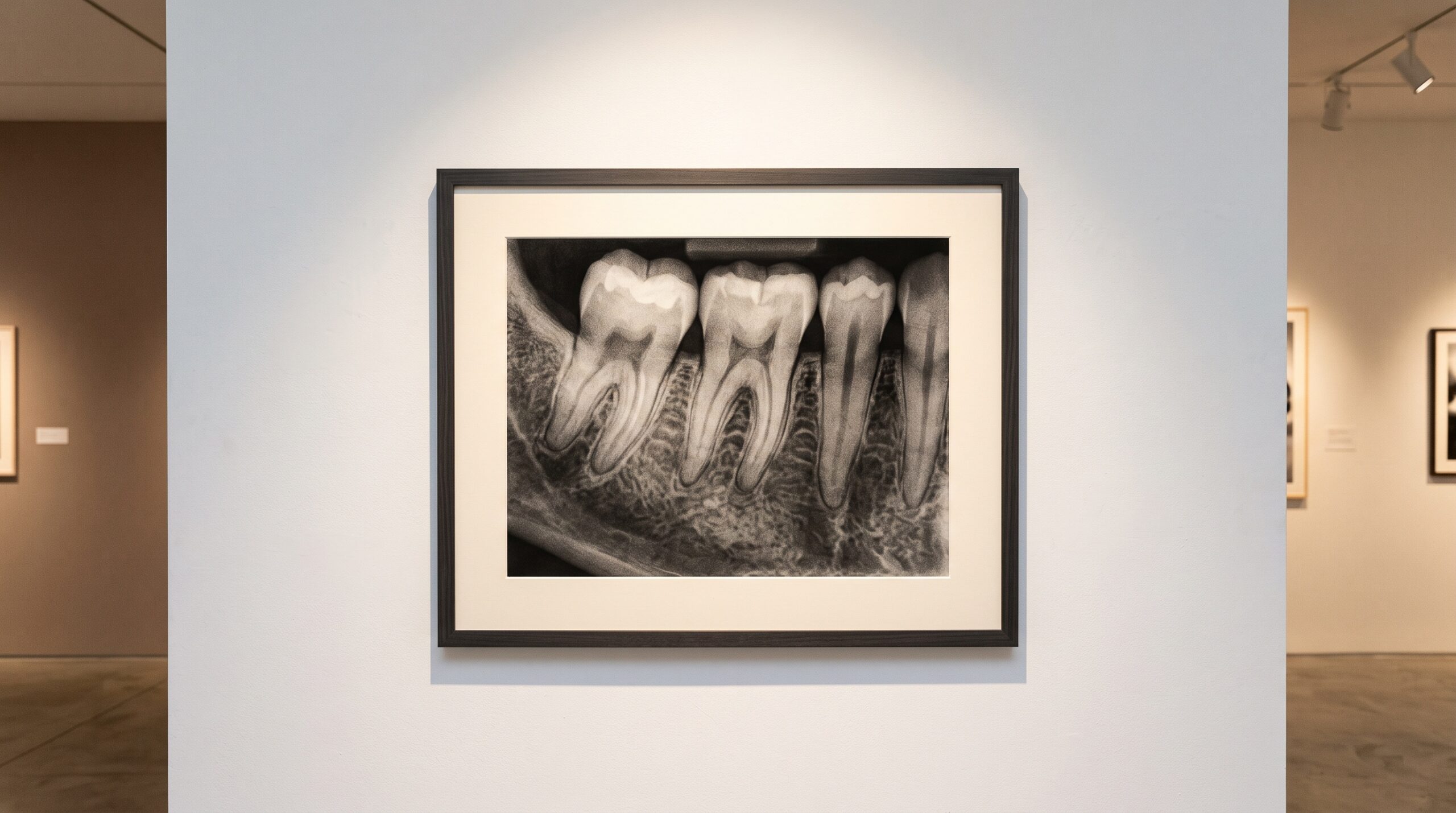 A dental radiograph presented as framed fine art on a white gallery wall under museum lighting