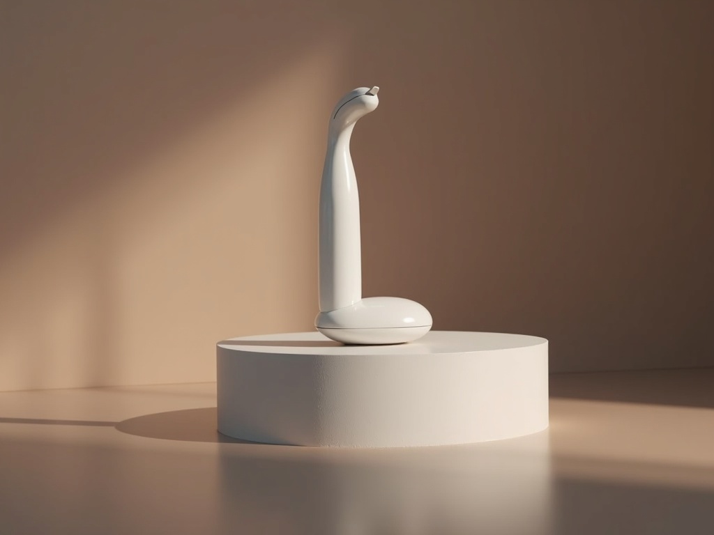 An intraoral scanner wand displayed like a sculptural object on a plinth