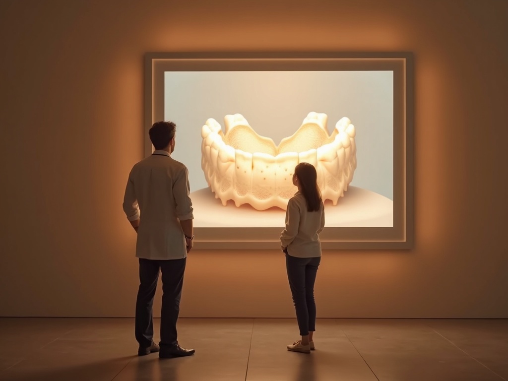 Clinician and patient viewing a softly lit 3D dental model on screen