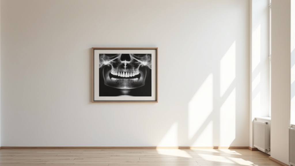 A single dental radiograph framed and lit like a work of art on a gallery wall
