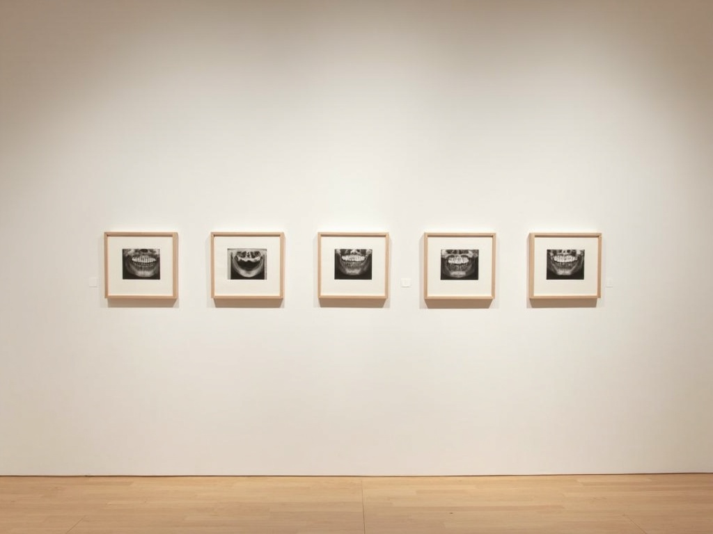 A grid of framed dental radiographs arranged in a row on a gallery wall