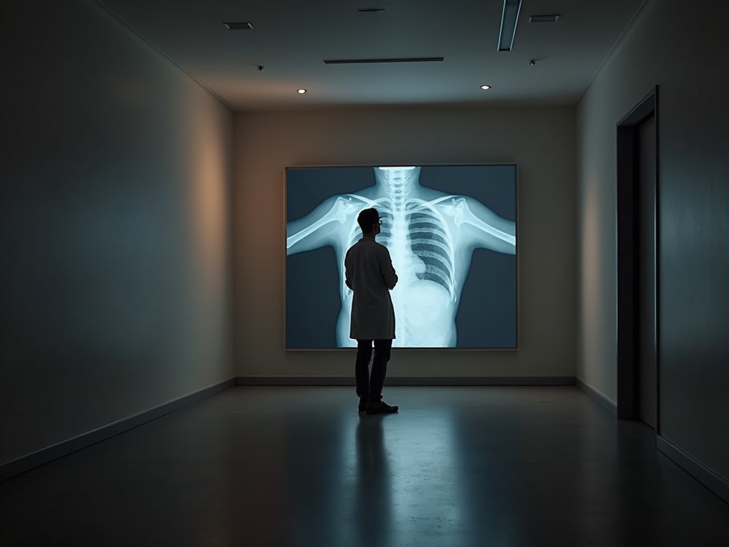A clinician reviewing a large illuminated radiograph in a gallery-like space