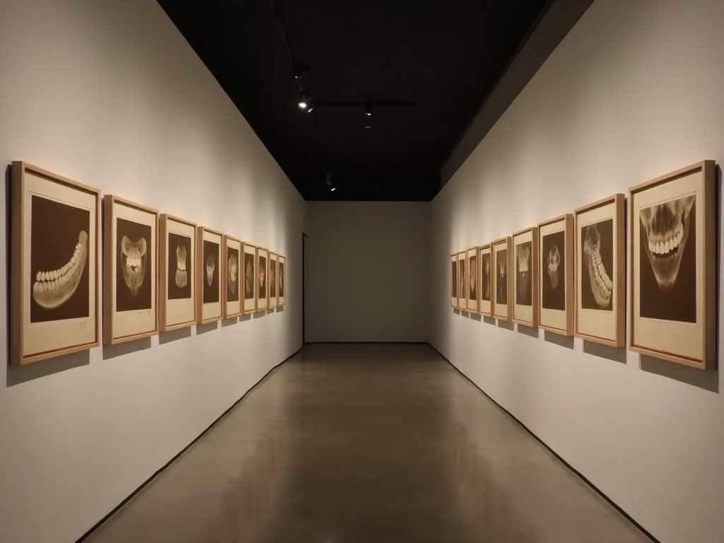 A long gallery corridor hung with evenly spaced framed radiographs