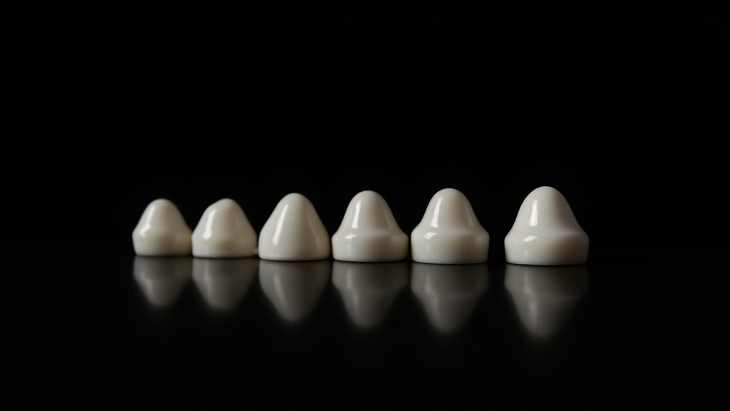 Dental porcelain shade tabs displayed like art objects under gallery lighting