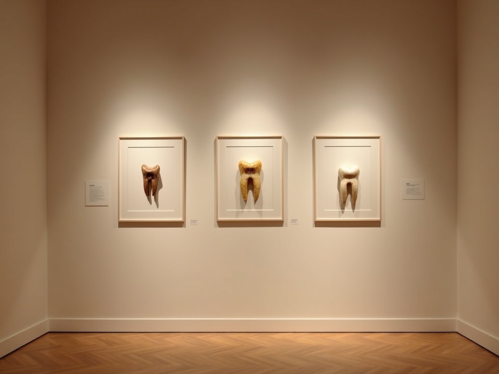 Framed close-up photographs of teeth displayed as fine art in a gallery