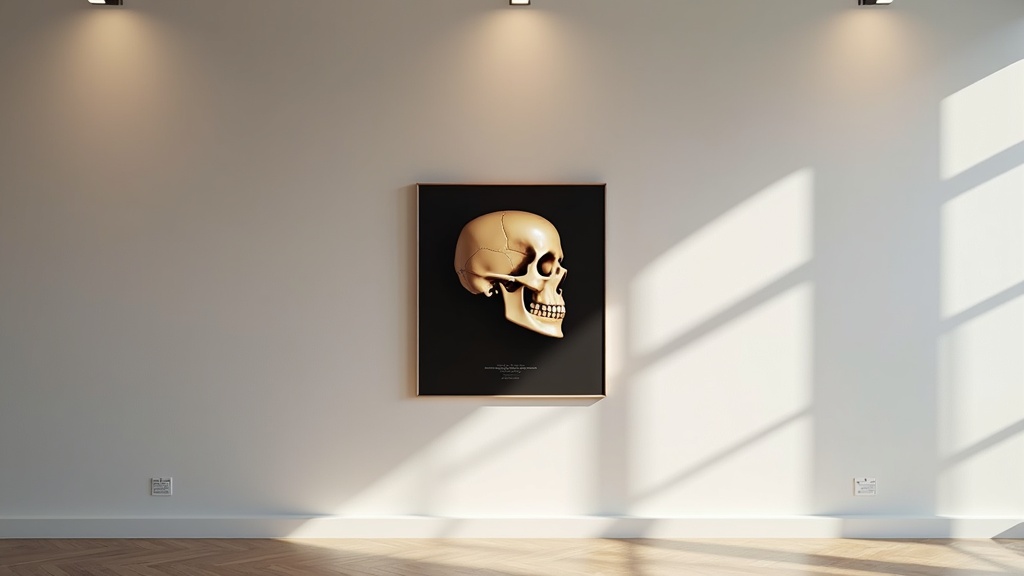 A cone-beam CT skull rendering presented as a framed gallery print