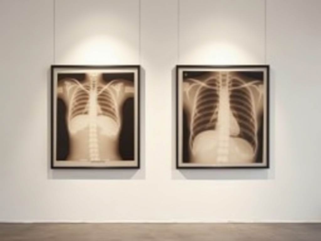 Two radiographs framed side by side as a diptych on a gallery wall