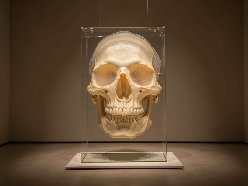 A translucent volumetric rendering of dental and skeletal anatomy shown as a suspended sculpture