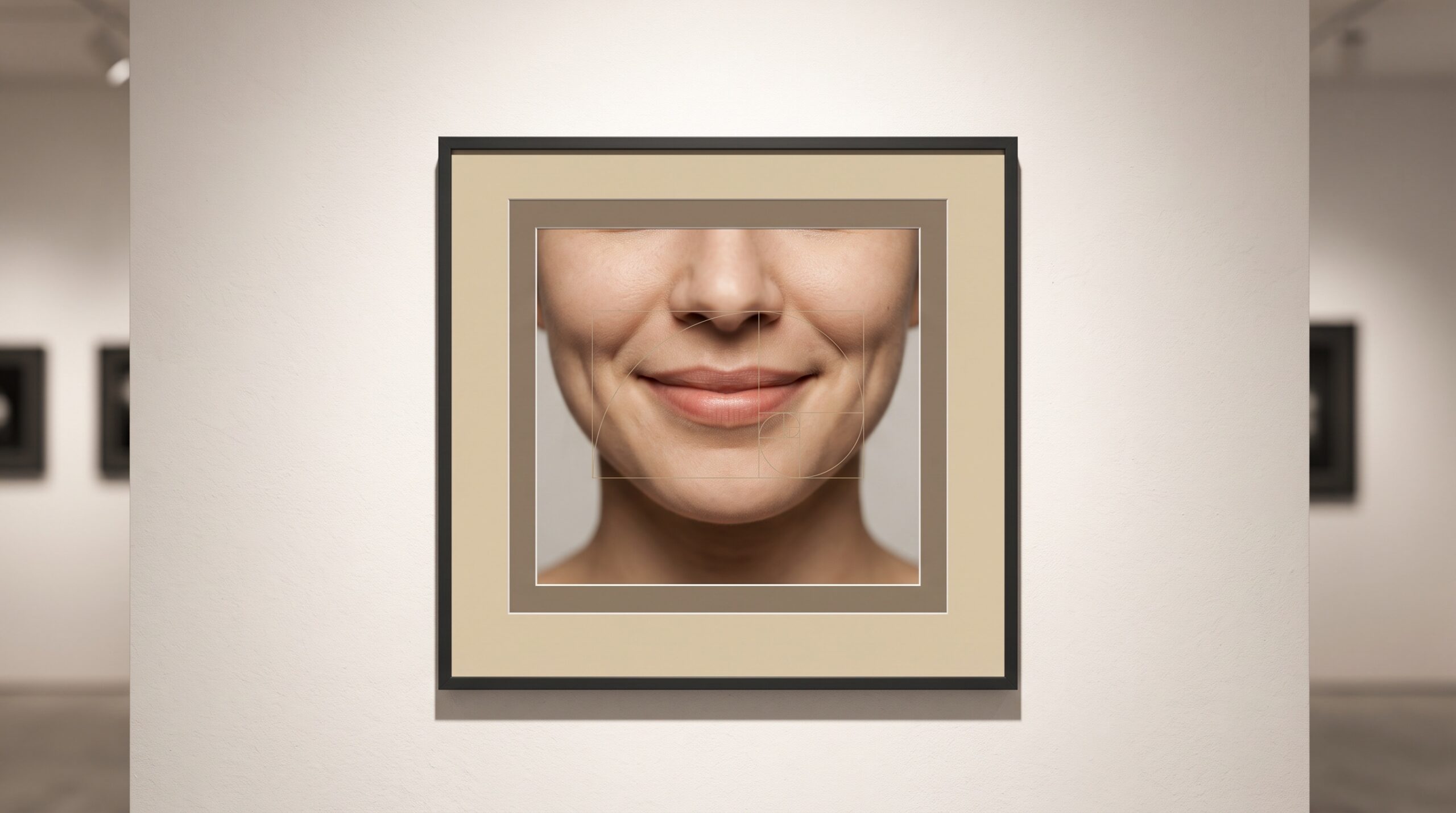 Framed frontal smile portrait with a faint golden-ratio geometry motif under museum lighting