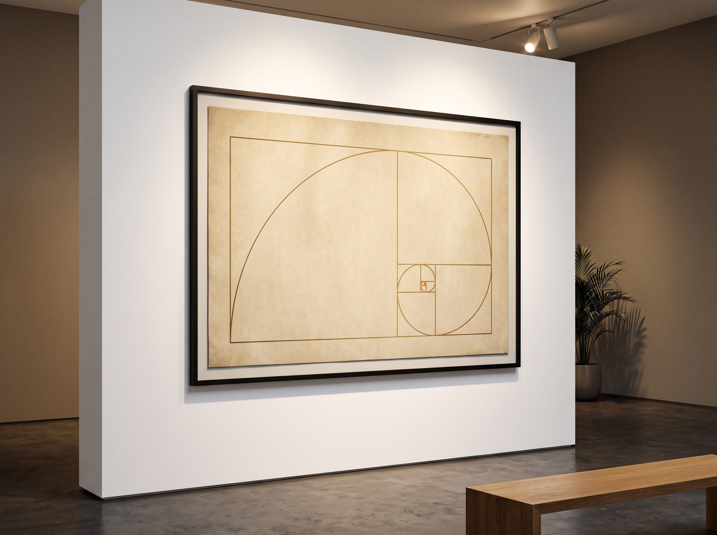 Framed golden ratio spiral and rectangle diagram in brass-gold lines on parchment