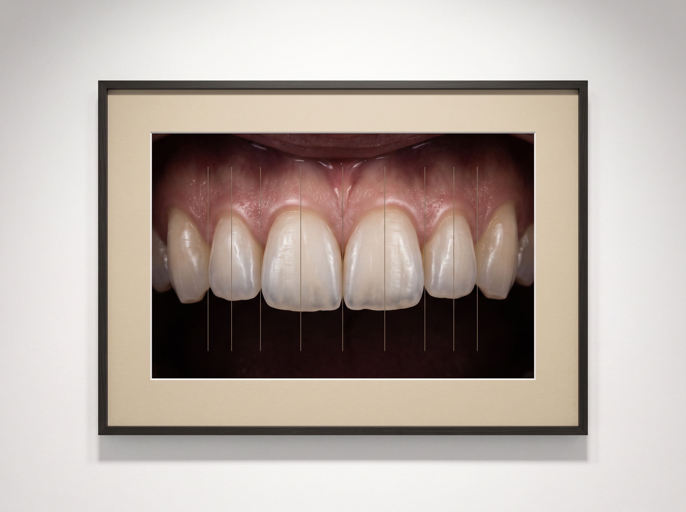 Framed frontal dental close-up with faint vertical proportion grid over the front teeth
