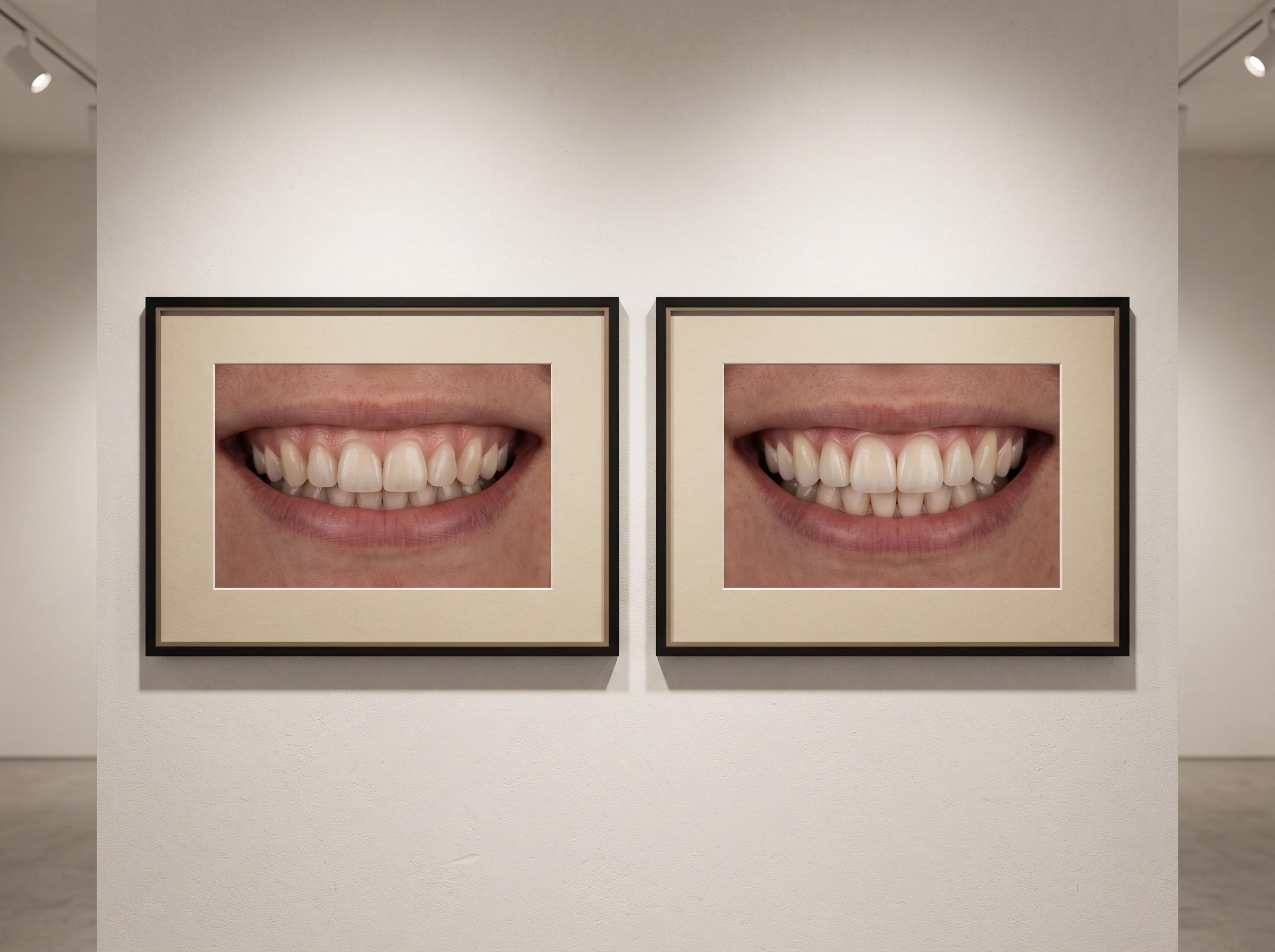 Framed diptych comparing golden-proportion and RED-proportion tooth widths