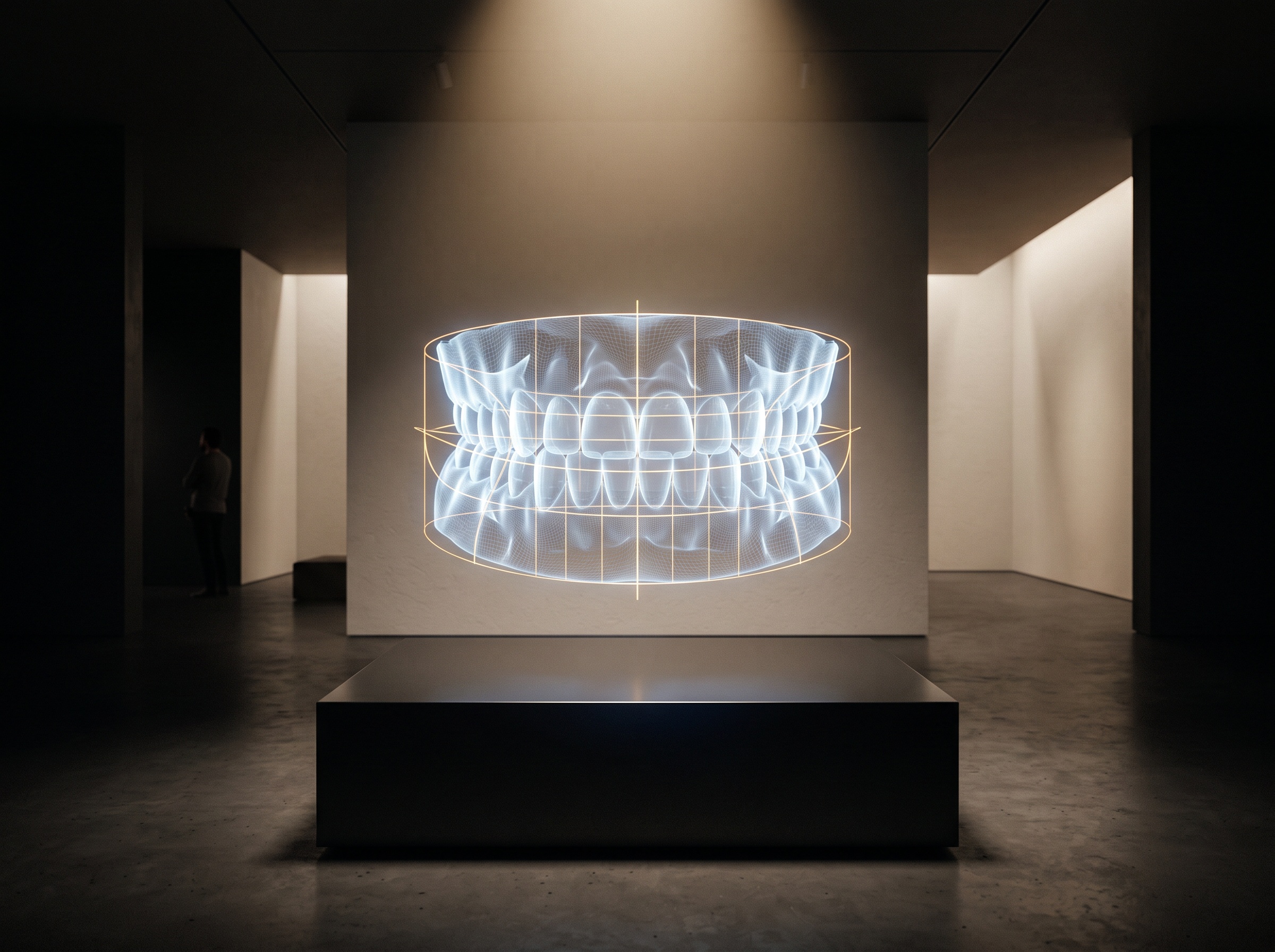 Translucent 3D digital smile model with glowing golden-proportion guide lines in a gallery