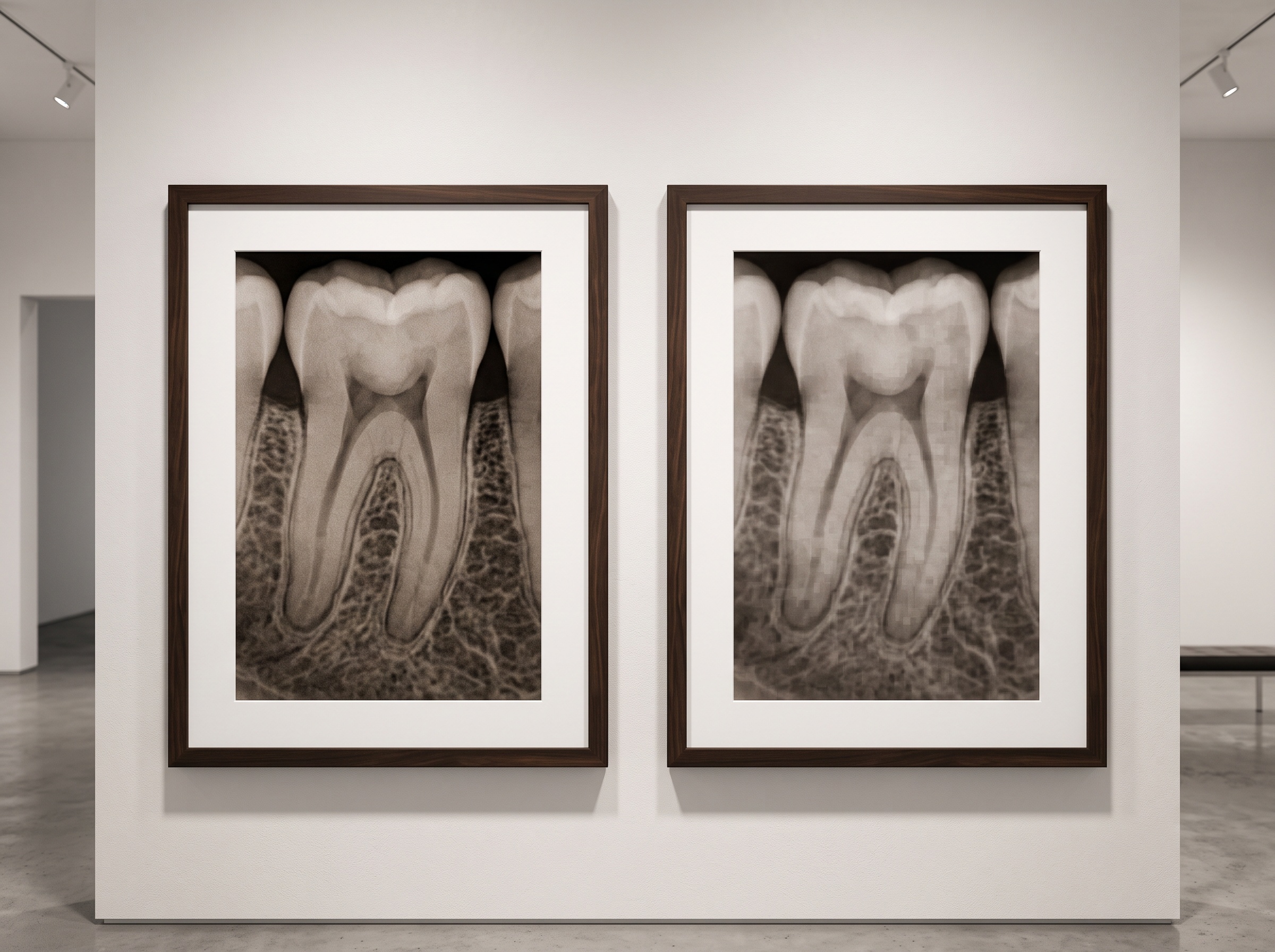 Two framed copies of the same radiograph side by side, the right one faintly degraded by blocky compression texture