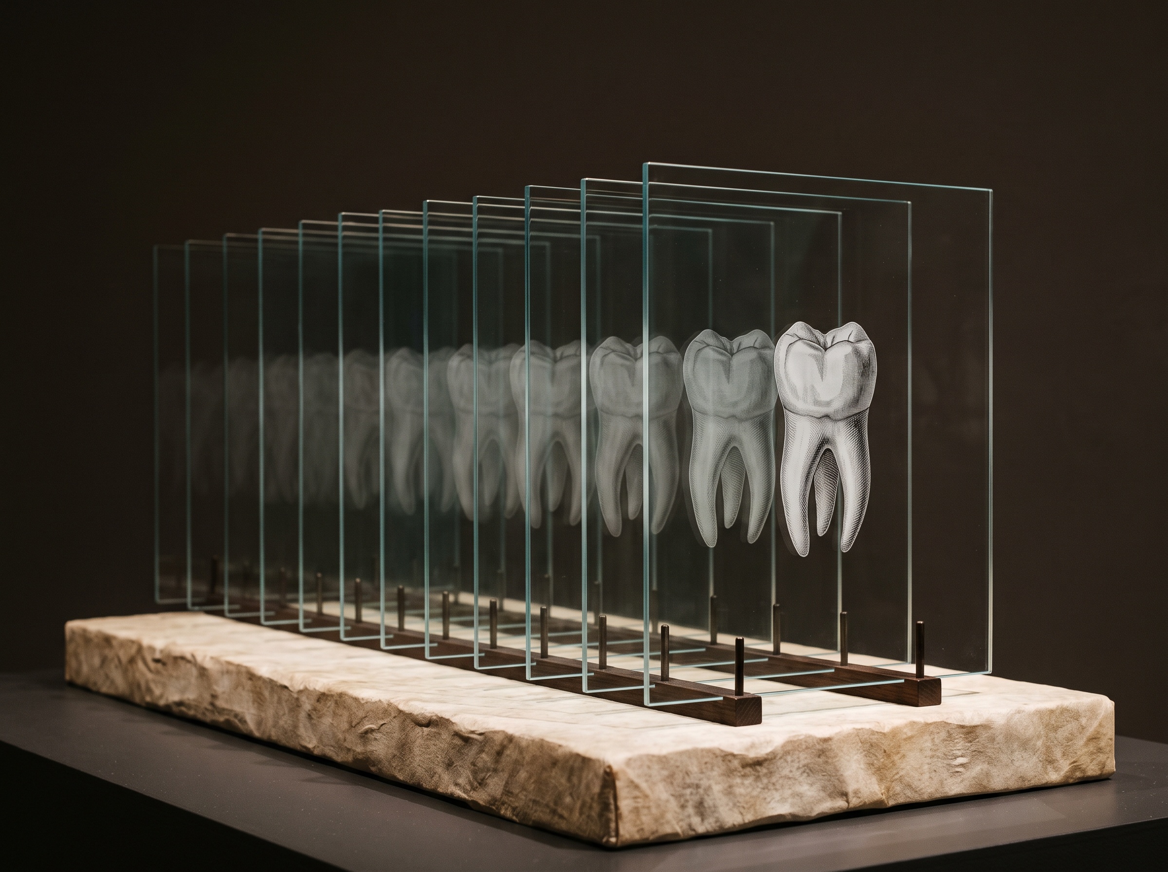 Stacked translucent plates showing the same tooth image fading into fainter copies, evoking successive compression