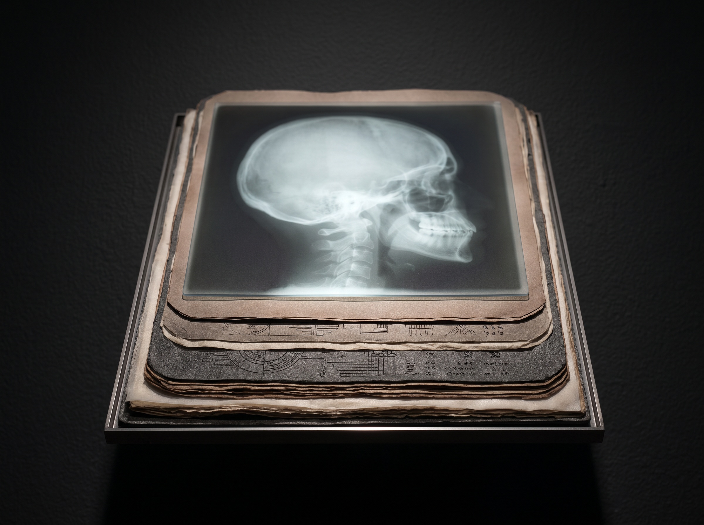 A radiograph shown as the top layer of a deeper layered data object, suggesting bit depth and metadata beneath the picture