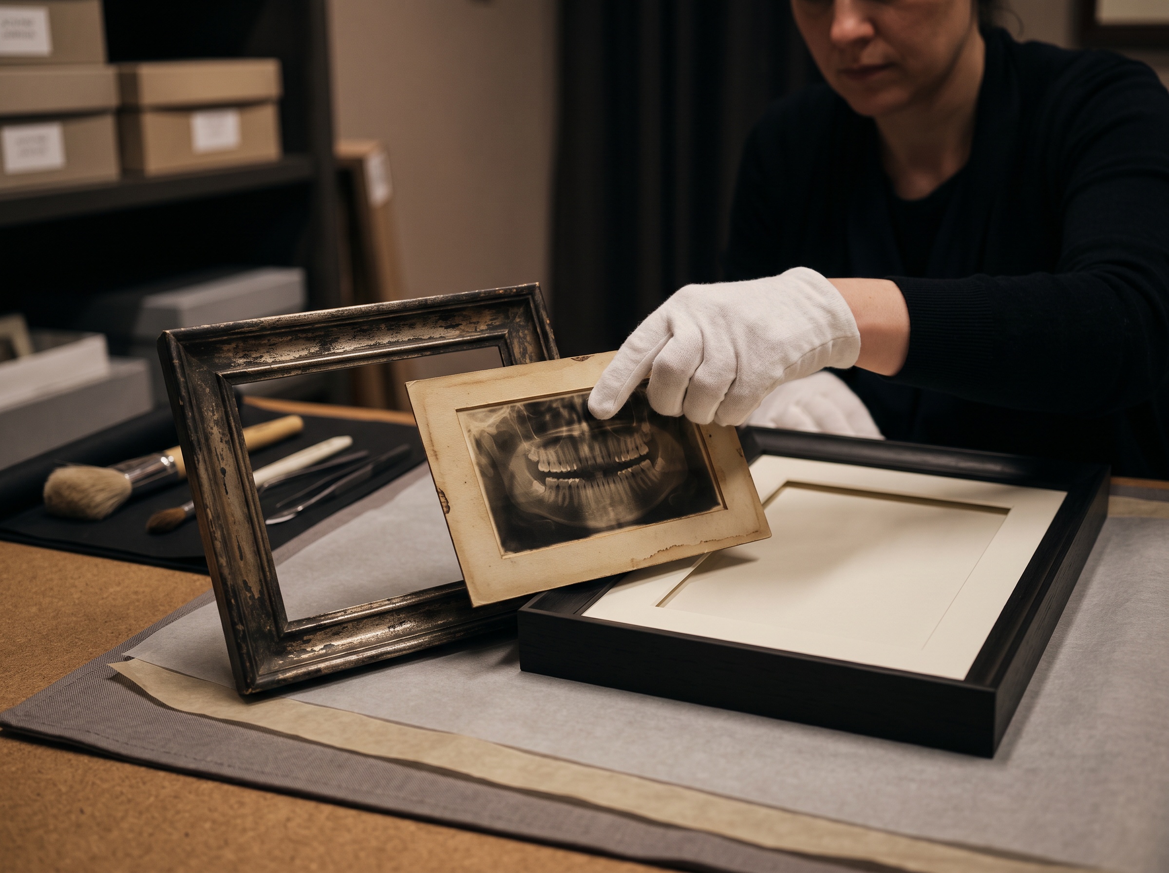 A conservator's gloved hands moving a dental image from an aging frame into a fresh archival one
