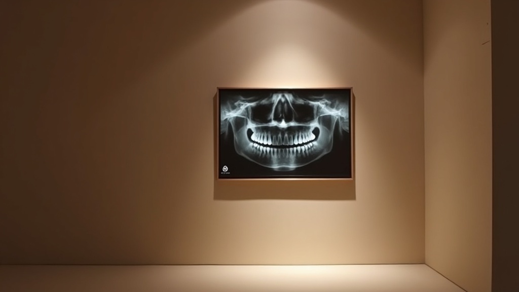 A framed radiograph on a gallery wall lit by a key-shaped spotlight