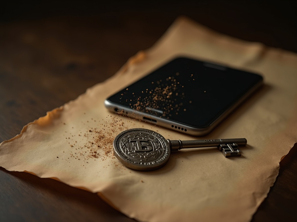 A dissolving texted code beside a solid engraved key, symbolizing passkeys replacing SMS