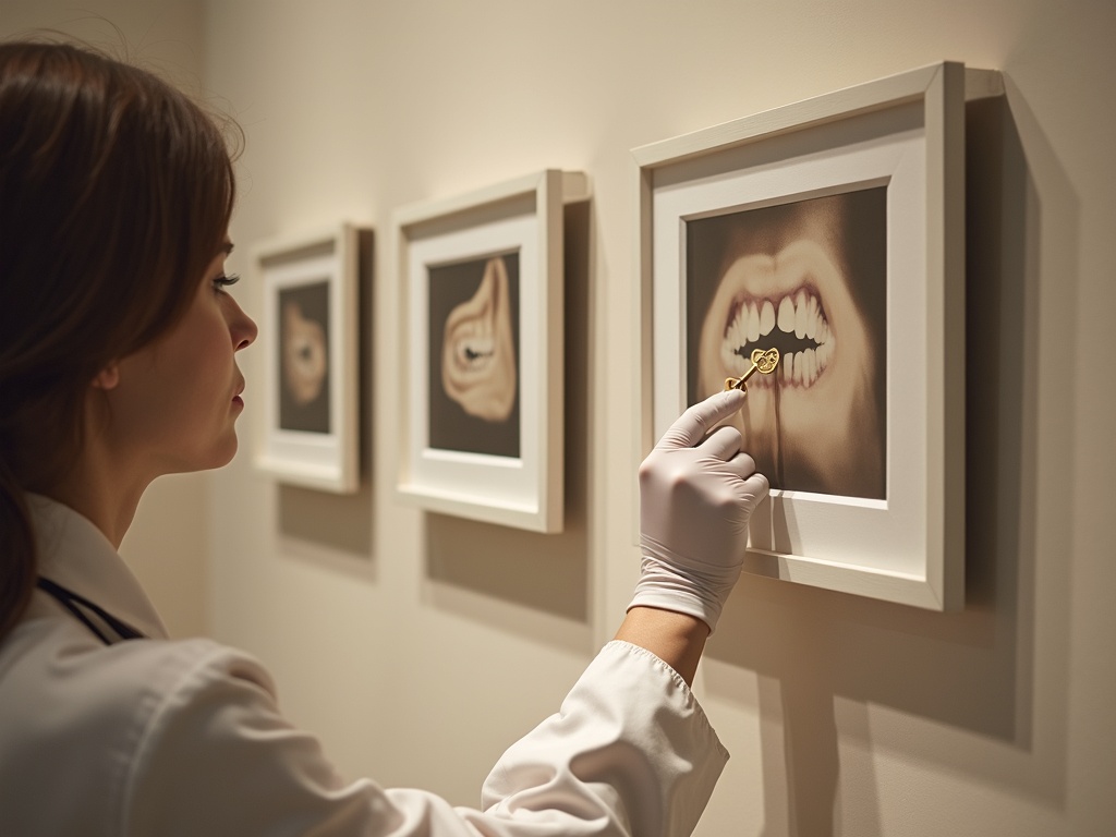 A curator securing a row of framed clinical photographs with a brass key