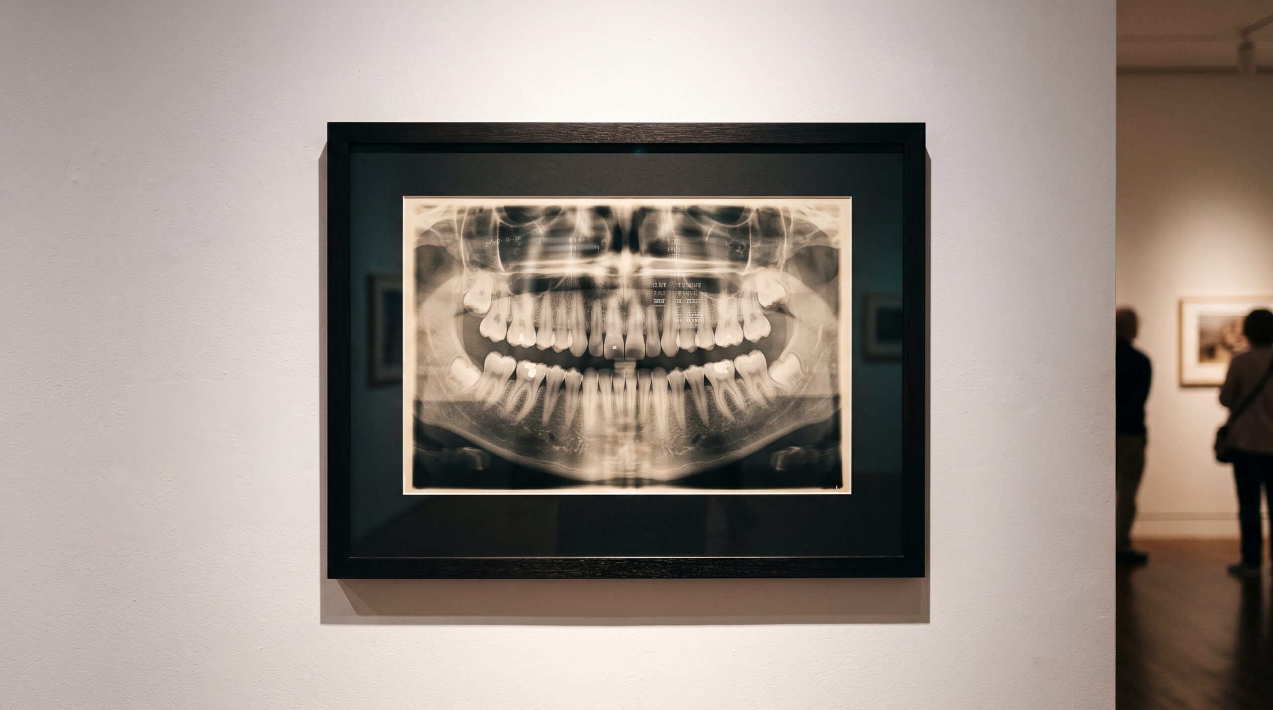 A framed dental x-ray on a gallery wall with a faint ghostly layer of abstract data fields hovering behind the glass